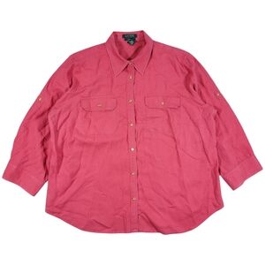 LRL Ralph Lauren Linen Button Up Shirt Womens 2X Red Pockets Roll Tab Classic
